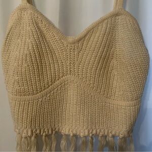 Beige Knit Crop Top with Fringe